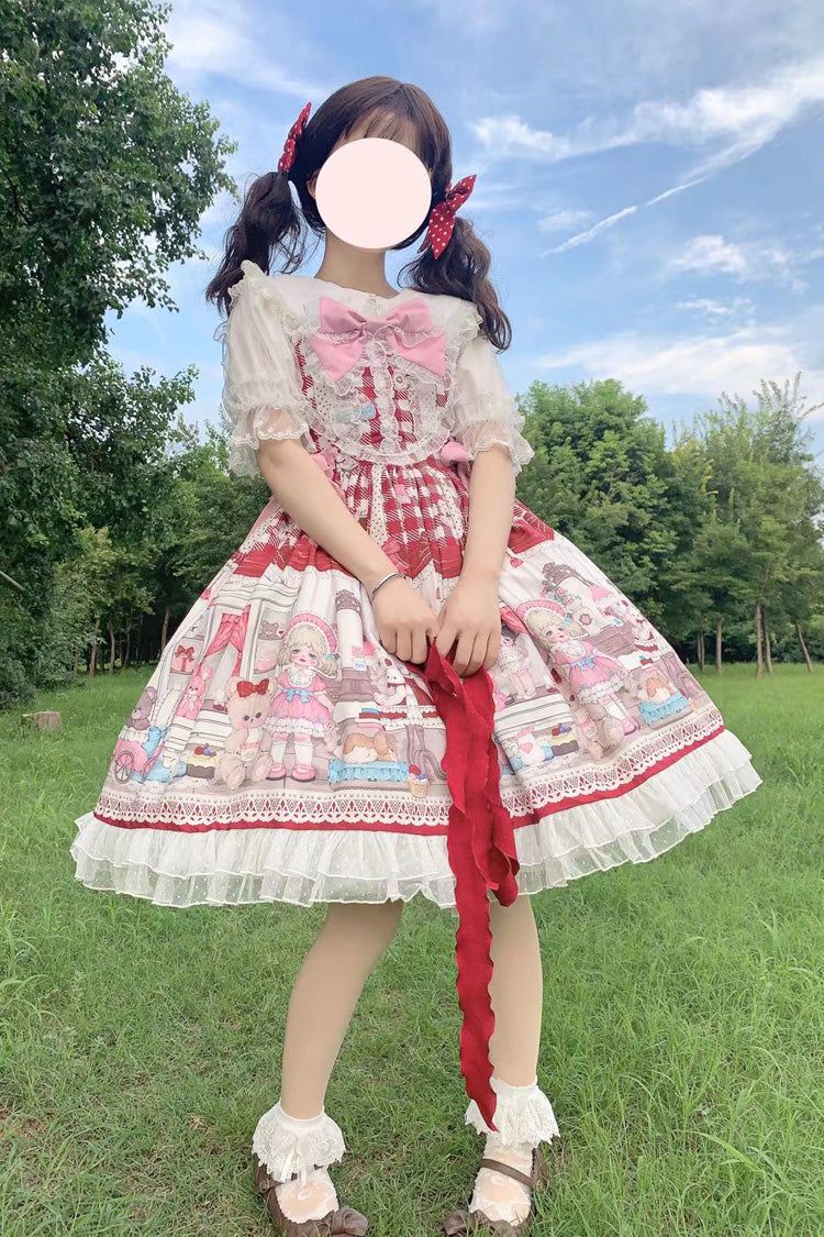 Burgundy Plush Bear and Doll Print JSK with Lace Accents