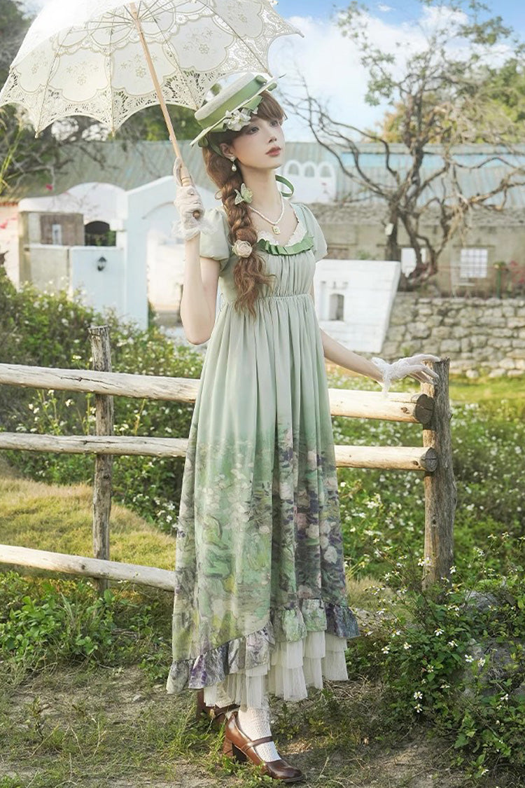 Emerald Blooming Roses Oil Painting Chiffon Short Sleeve Ruffle Bow Sweet Lolita Gown