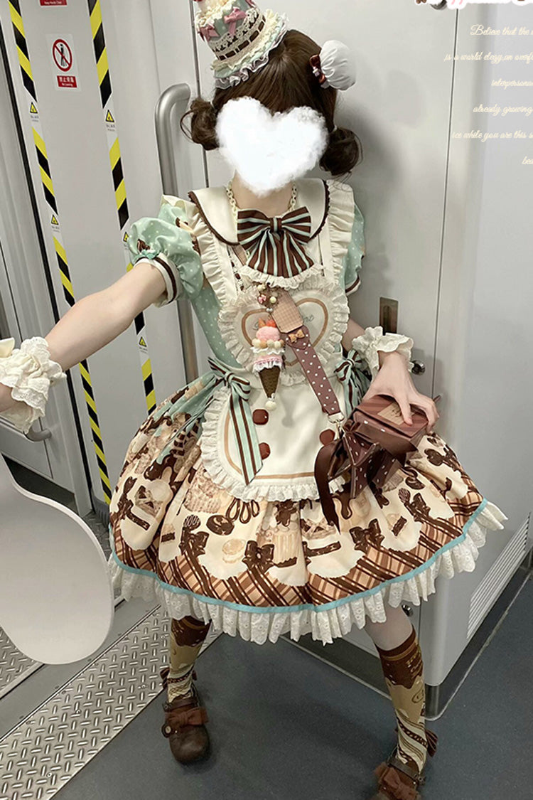 Sweet Lolita Dress with Chocolate Cake Bear Print and Lace-Up