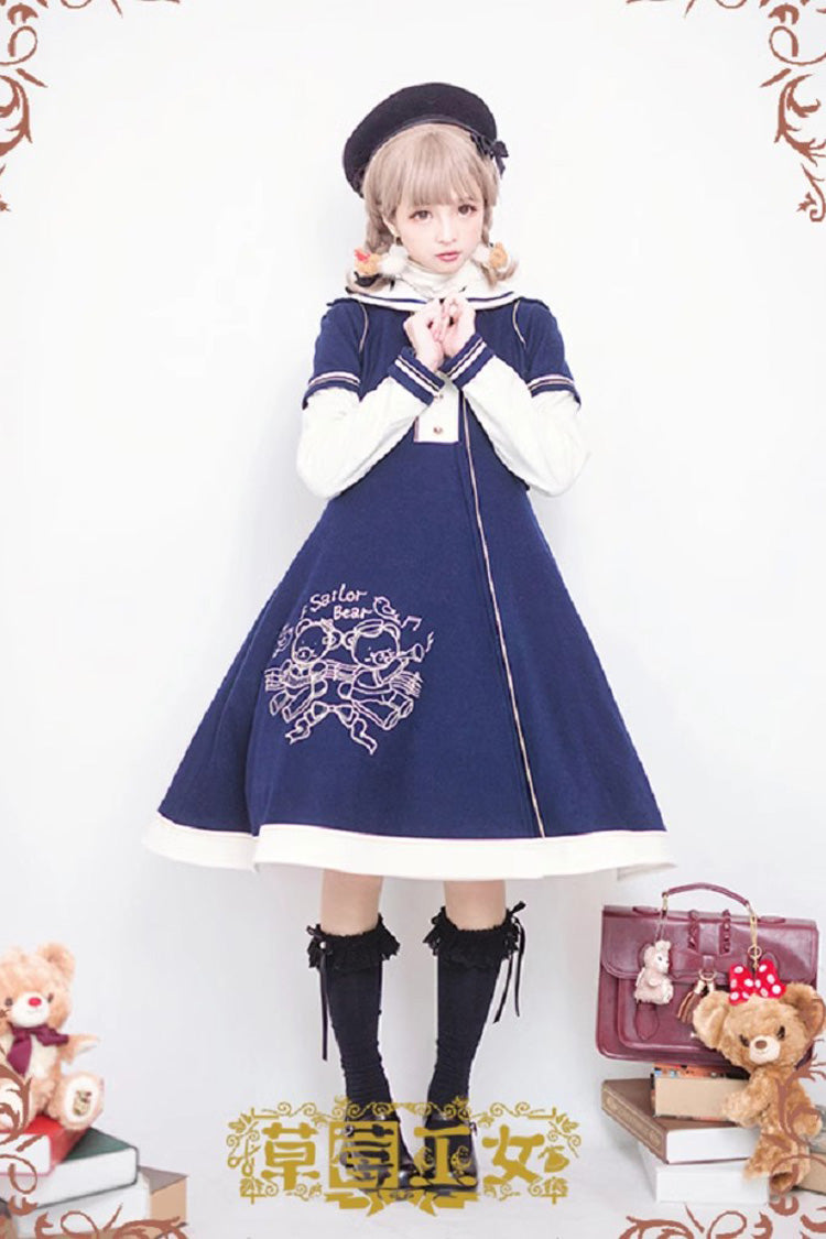 Sweet Lolita Woolen Coat with Bear Print Embroidery and Long Sleeves Bowknot