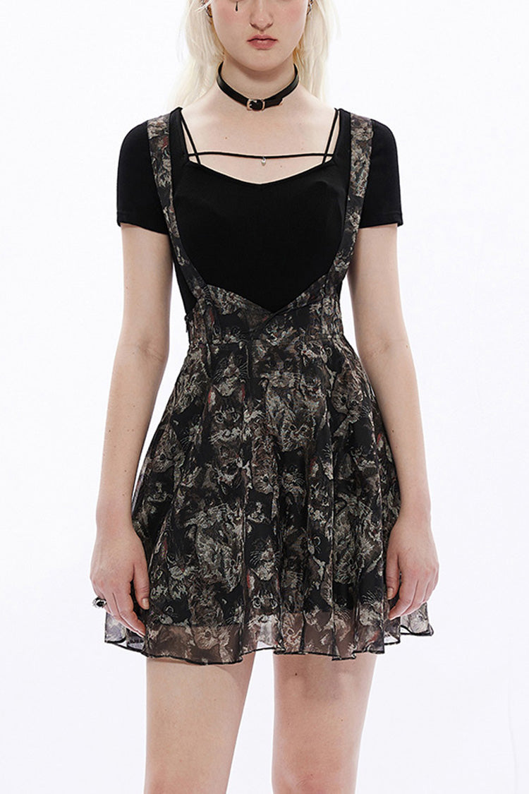 Gothic Skirt with Lace and Cat Print Suspender Design
