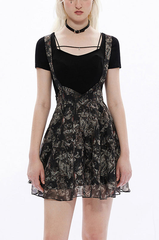 Gothic Skirt with Lace and Cat Print Suspender Design