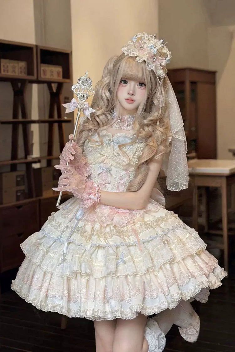 Cloudwhale Dreamweaver Square Collar Multi-Layered Ruffled Bow Lace Sweet Lolita Jsk Dress