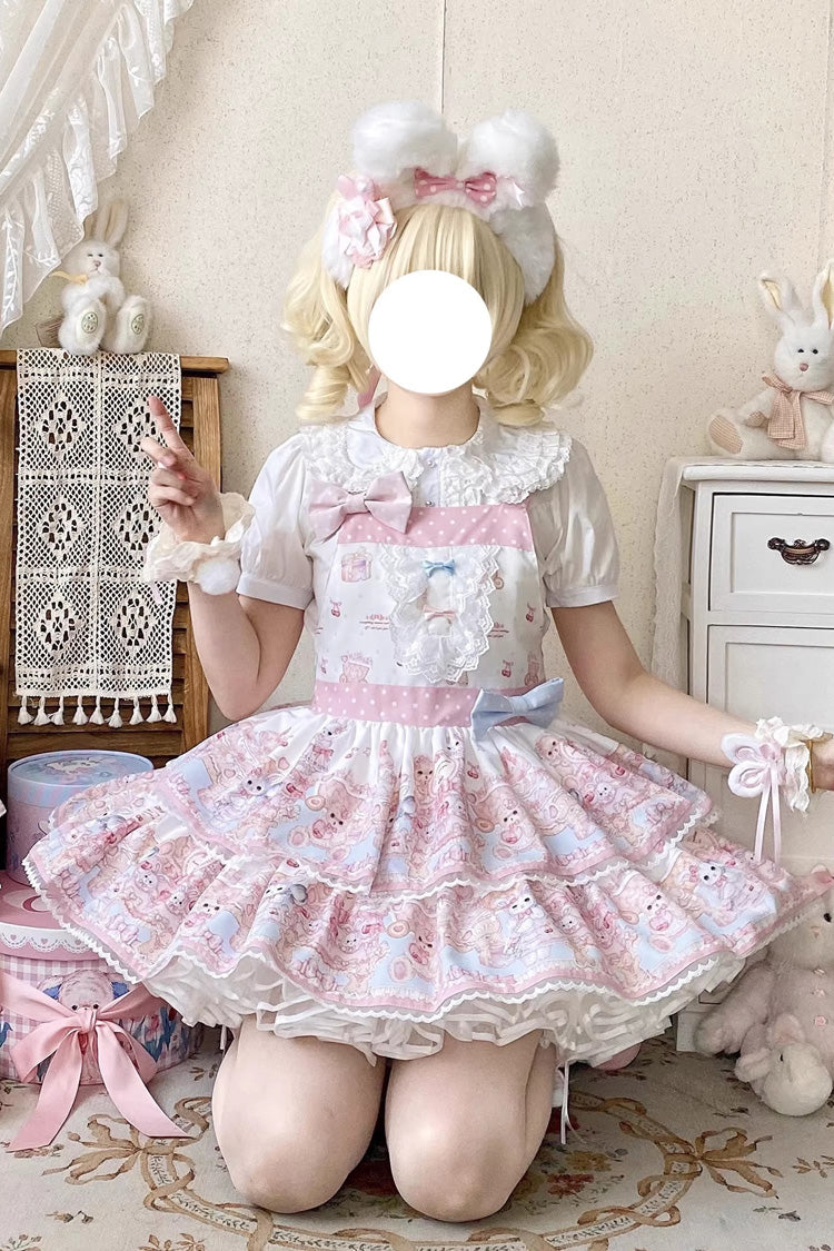 Bunny & Bear Tea Party Lace Strap Dress, Double-Layered Ruffle Bow Sweet Lolita