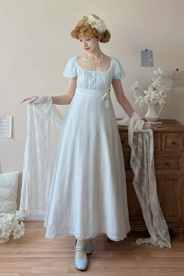 Azure Square Neck Short Sleeve Jacquard Frilled Lace Elegant Lolita Gown