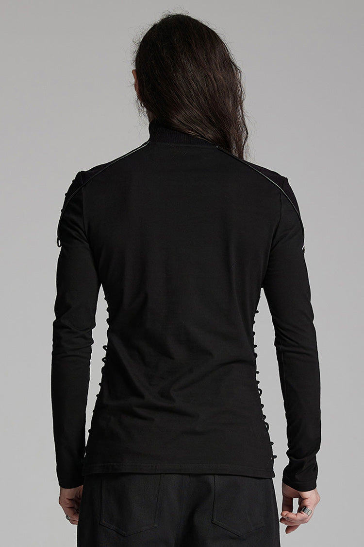 Punk Top with Rivets and Zipper, Drawstring Long-Sleeve Men's Shirt