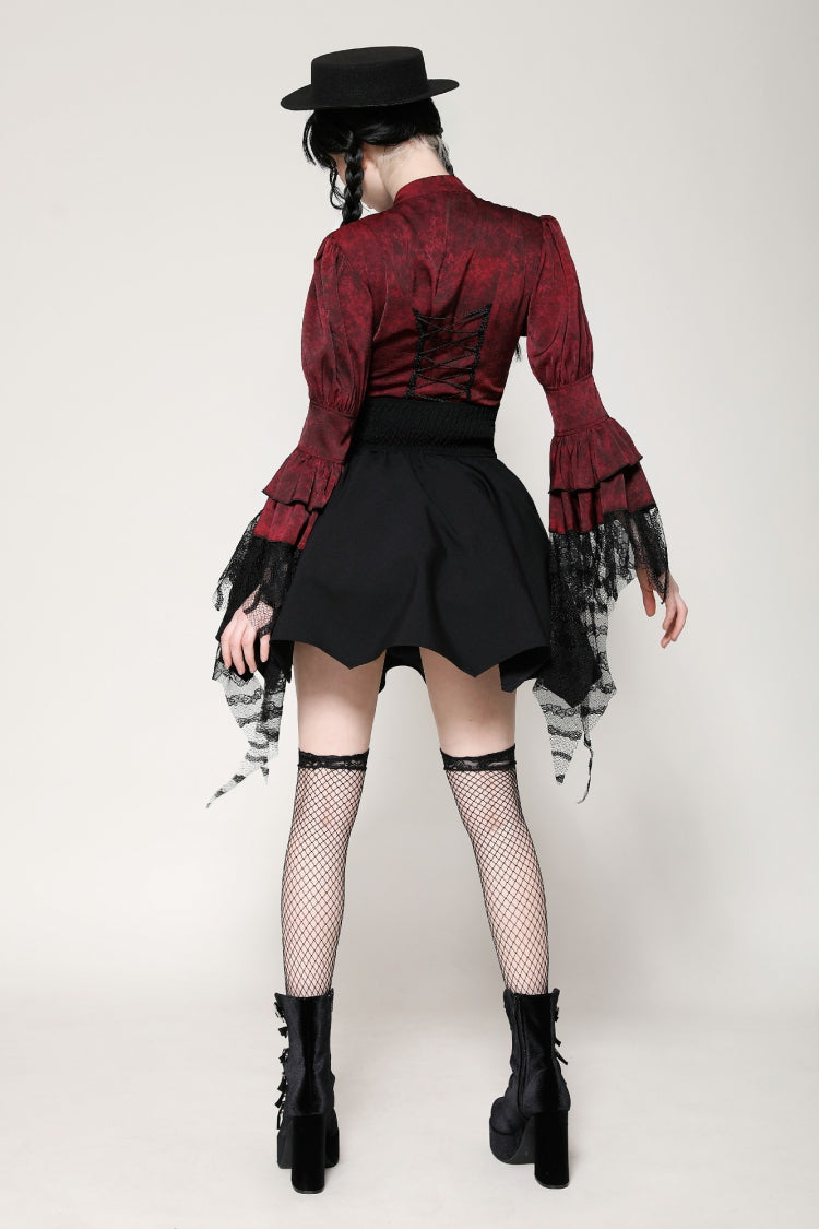 Crimson Gothic Blouse with Frilly Lace and Long Hime Sleeves