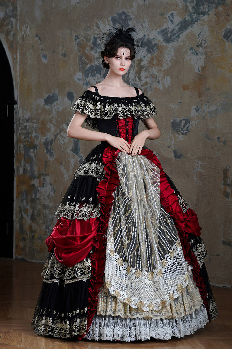 Crimson & Noir Off-Shoulder Short Sleeve Ruffled Mesh Victorian Lolita Palace Dress