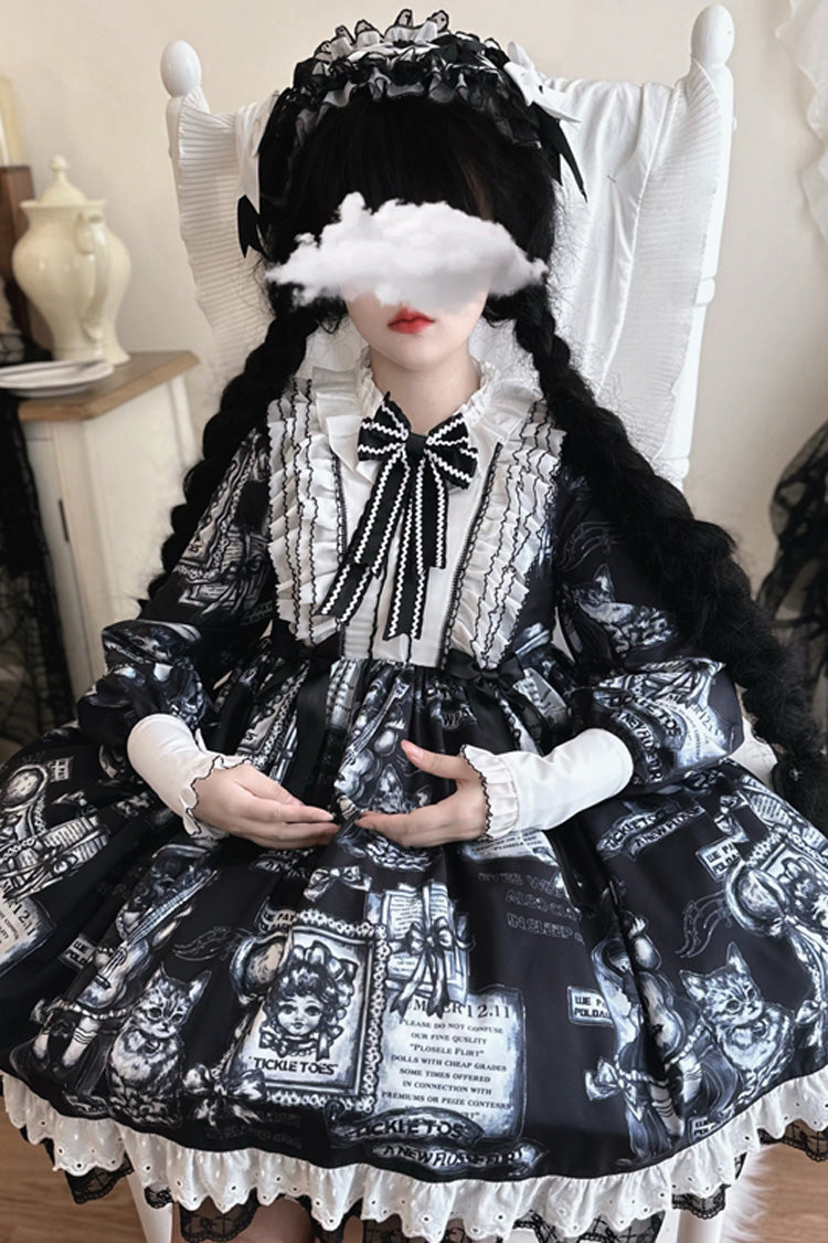Print Long Sleeve Ruffle Bow Gothic Princess Dress - Antique Cat