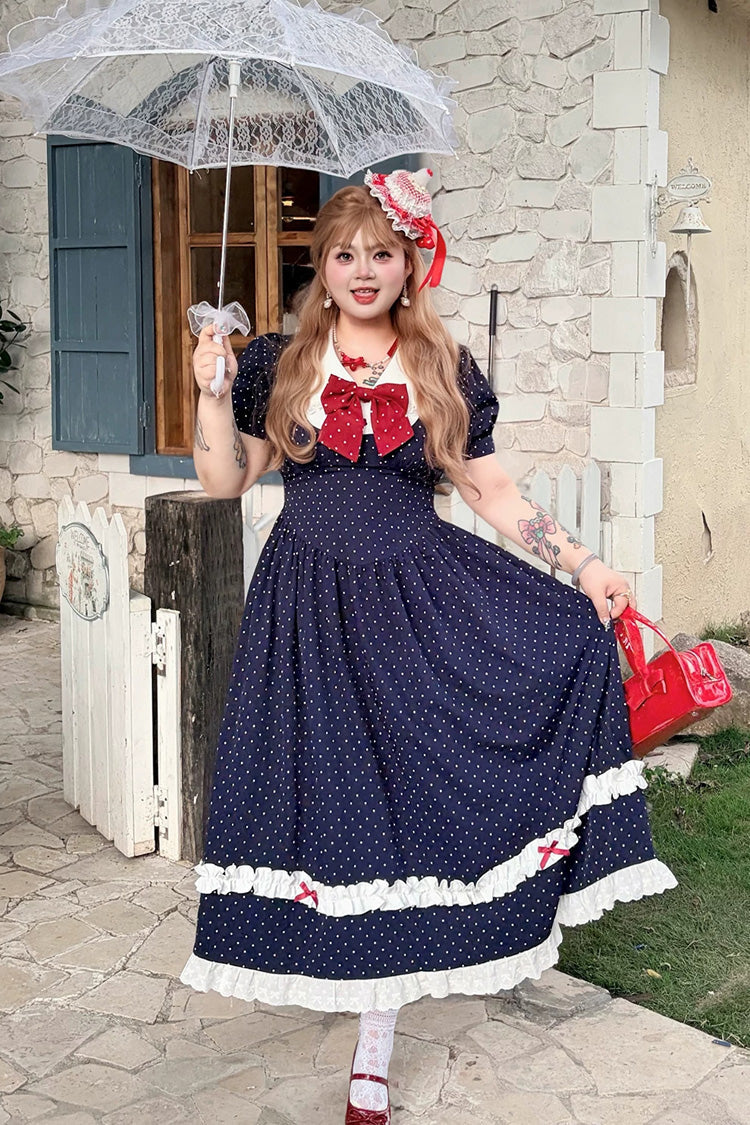 Polka Dot V-Neck Ruffled Bow Lace Plus-Size Preppy Dress