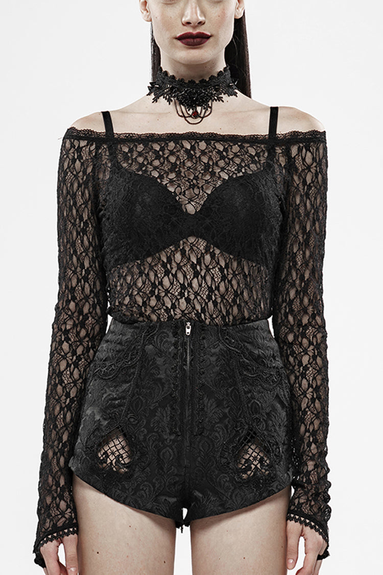 Transparent Lace Gothic Tee with One-Word Collar, Long-Sleeve Women's