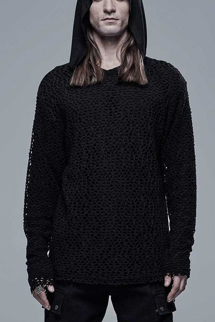 Men's Punk Two-Piece Tee with Mesh Outer & Hooded Inner in Black Knit