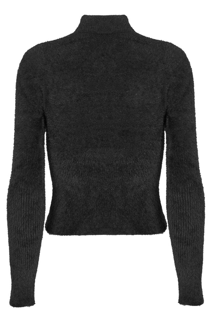 Punk Long Sleeve Top with Metal Cross & Hollow-Carved Knit Design in Black