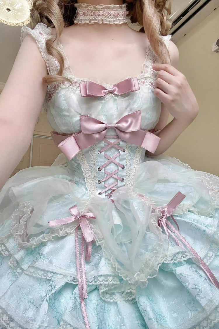 Emerald Sleeveless Multi-Layer Ruffle Bow Lace-Up Sweet Princess Lolita JSK