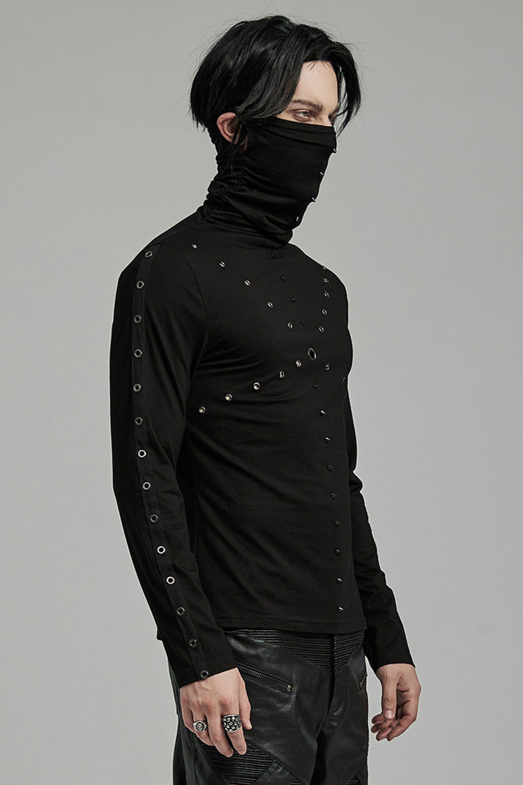 Punk Mesh Blouse with Rivets and Attached Mask, Long-Sleeve Men's Style