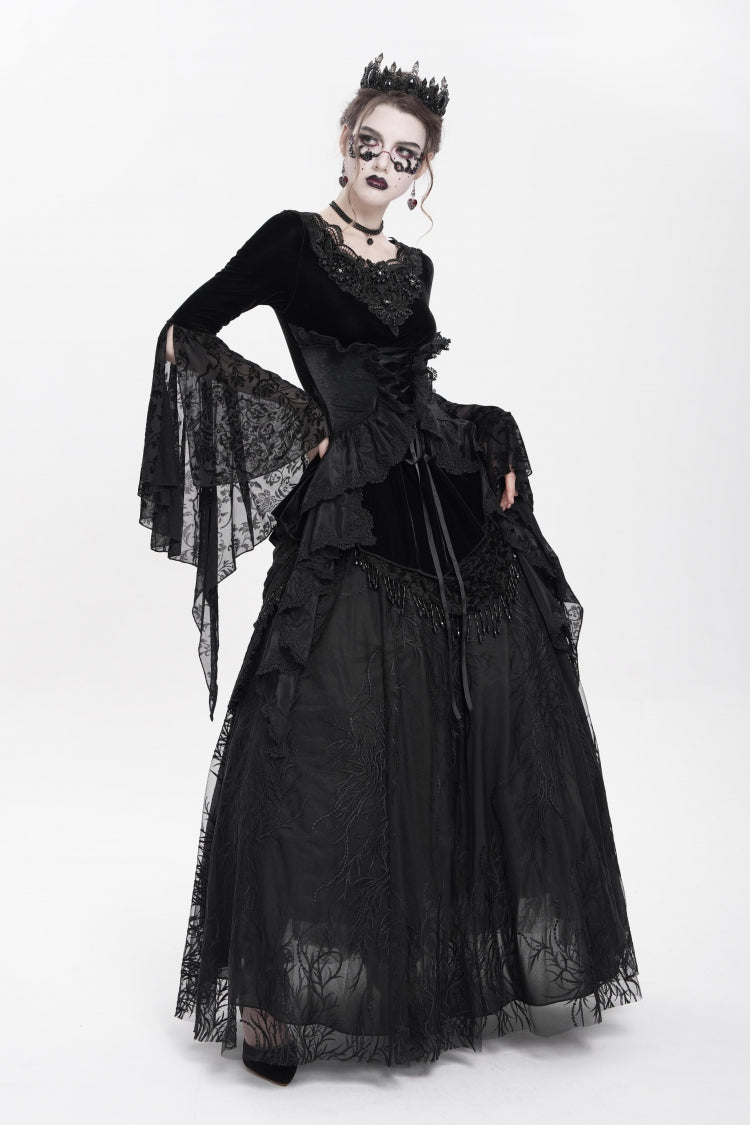 Beaded Pleated Gothic Blouse with Lace-Up Front and Extended Sleeves