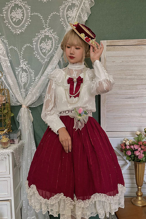 Burgundy Tulip Ruffle Classic Lolita Skirt Dress