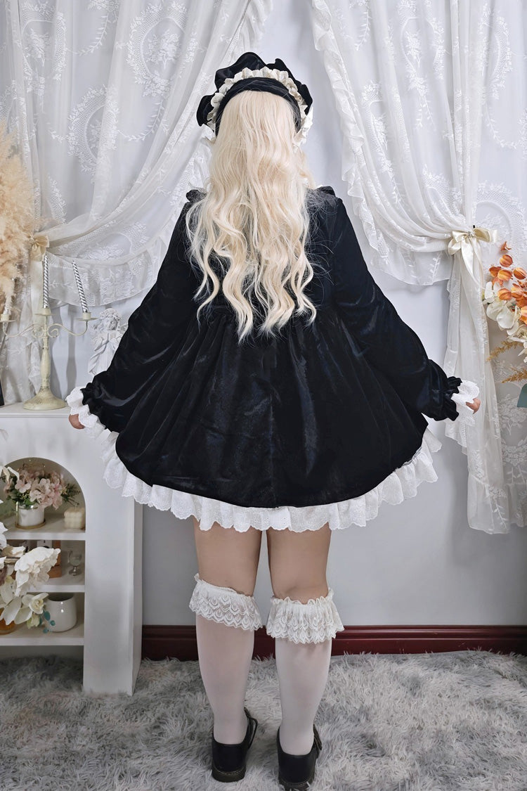 Stand Collar Ruffled Bow Plus Size Gothic Dress - Antique Velvet Doll
