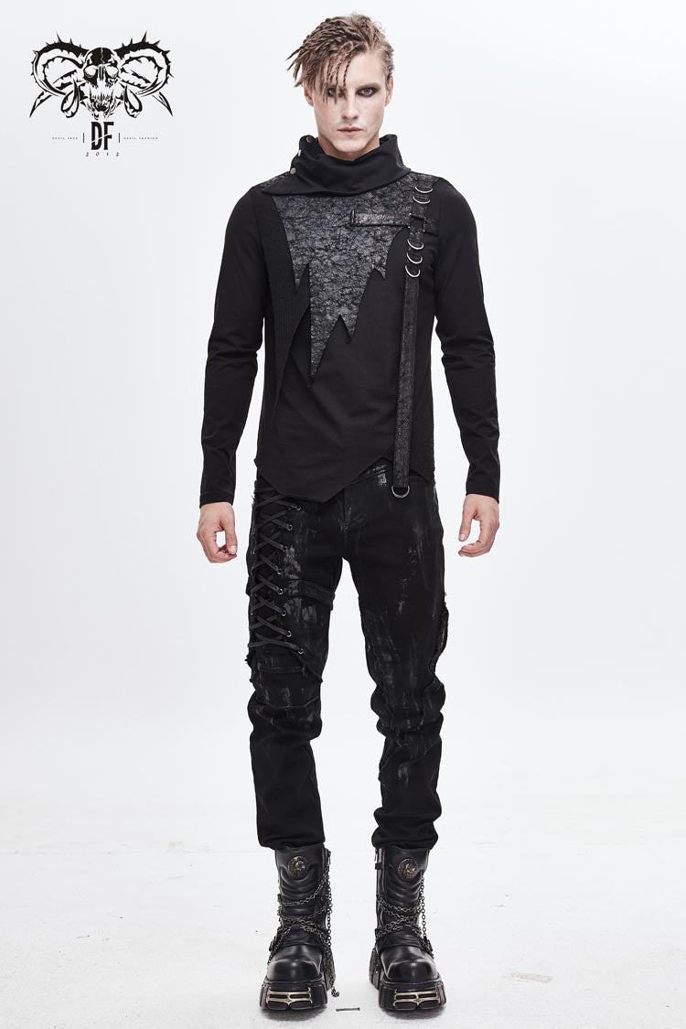 Men's Punk Tee with Cross Clasp and Asymmetric Hem - Noir