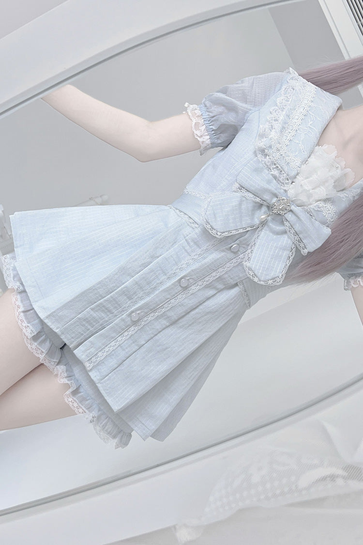 Sweet Jirai Kei Dress Set with Aqua Short Sleeves, Ruffle Bowknot, Lace