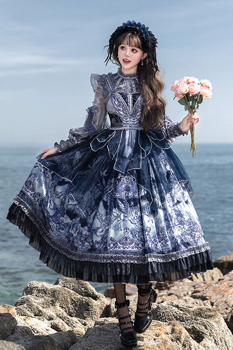 Asymmetric Classic Elegant Print Ruffled Bow JSK - Angel Garden