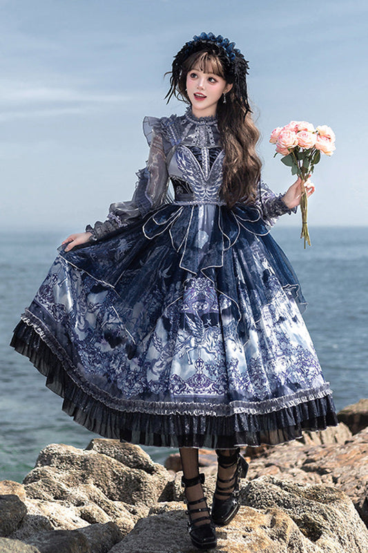 Asymmetric Classic Elegant Print Ruffled Bow JSK - Angel Garden