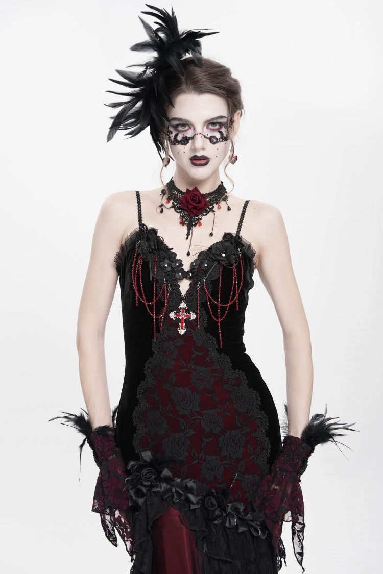 Crimson Gothic JSK with Embroidered Lace and Sleeveless Bardot Neckline