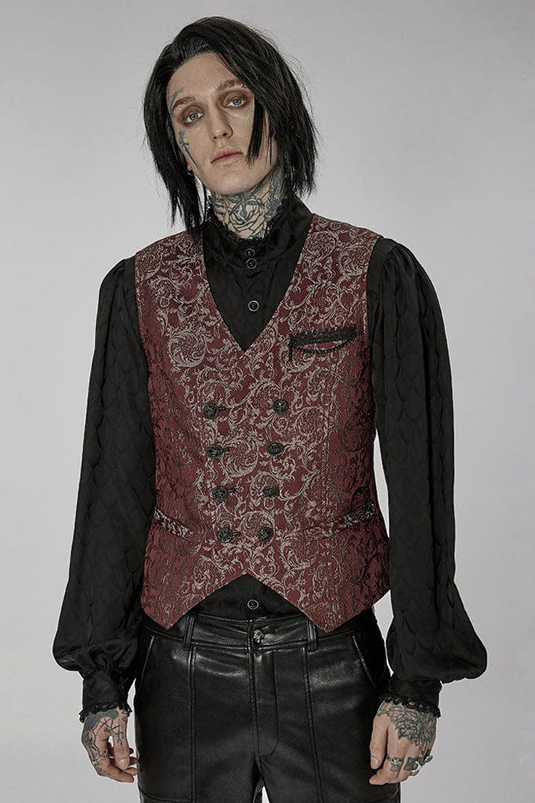 Crimson V-Neck Sculpted Jacquard Vest with Double Button Row