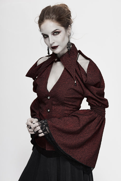 Crimson Gothic Bardot Blouse with Flared Cuffs