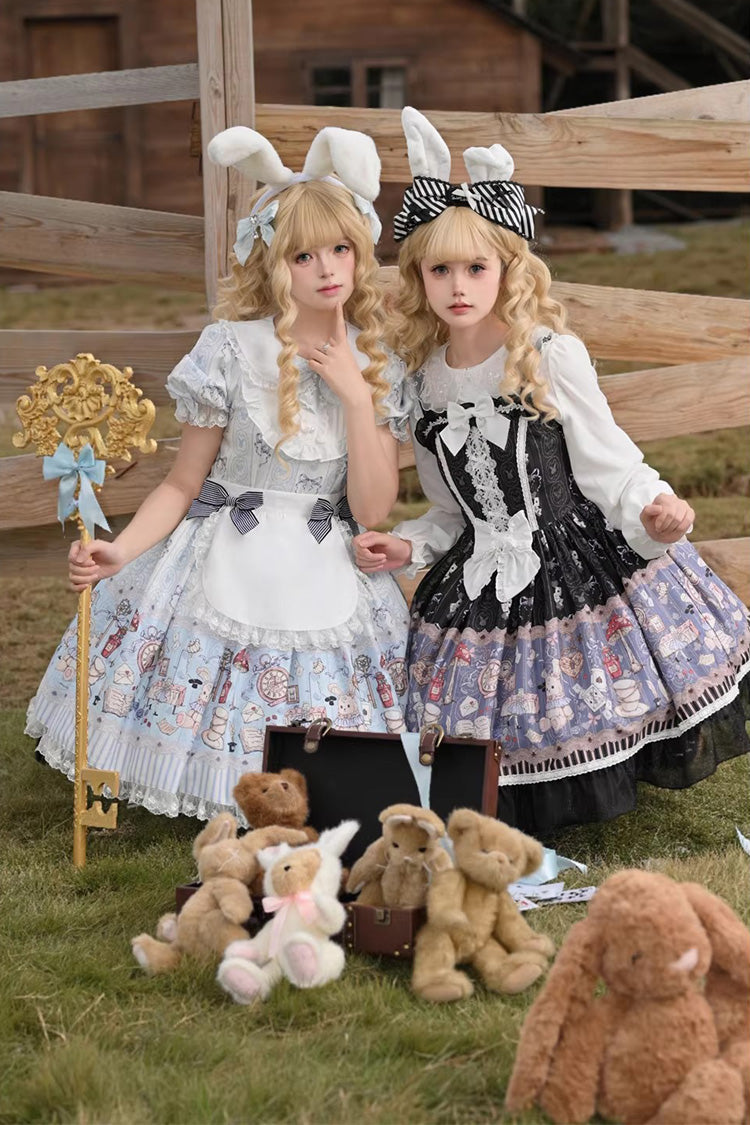 Square Collar Sleeveless Printed Bow Gothic Dress - Alice's Fantasy Tale