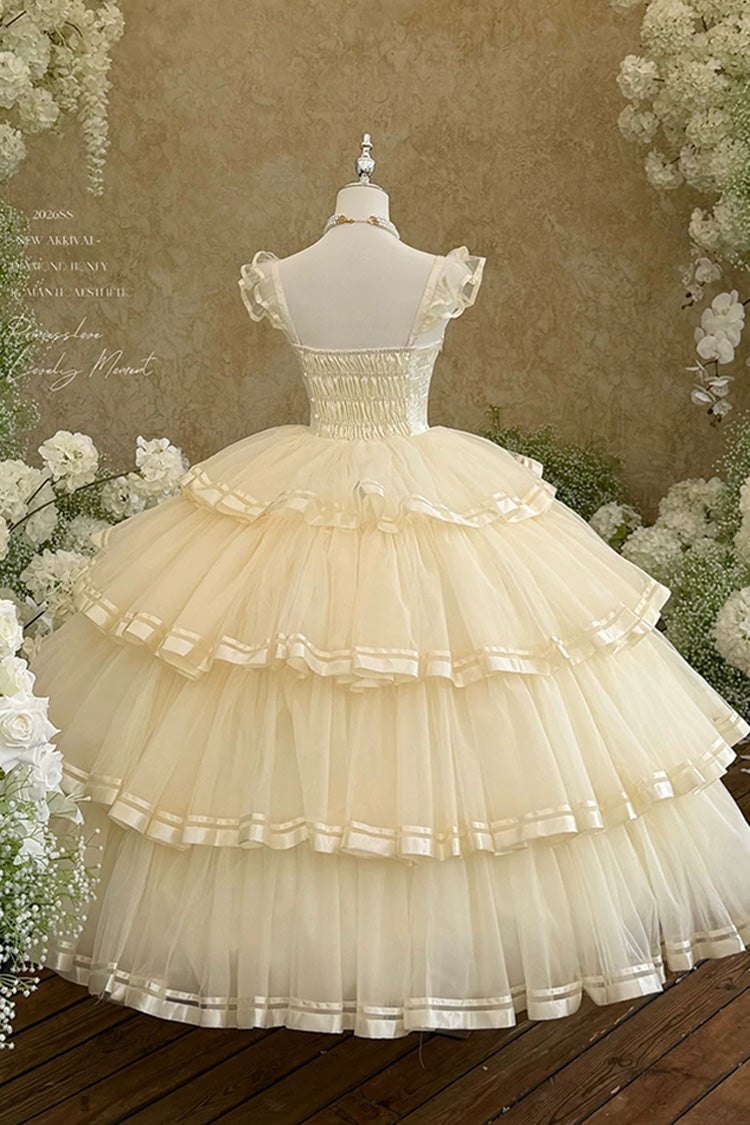 Sweet Organza Satin Sleeveless Multi-Layered Ruffled Hanayome Bow Lace Sweet Elegant Princess Lolita Jsk Dress