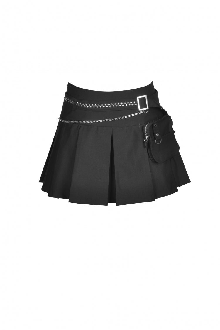 Jet-Black Chain-Trimmed Pleated Mini Skirt with Waistbelt