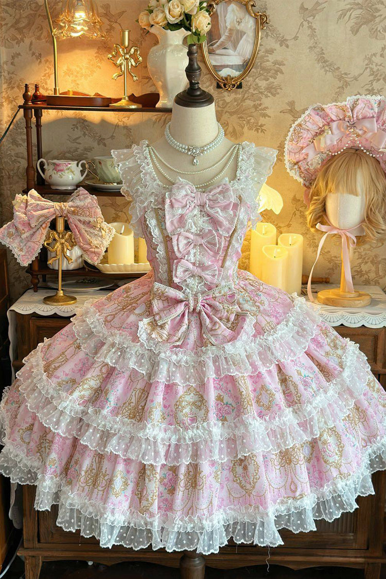 Candelabrum Elegy Sleeveless Triple-Layer Flower Print Ruffle Bow Lace Lolita JSK