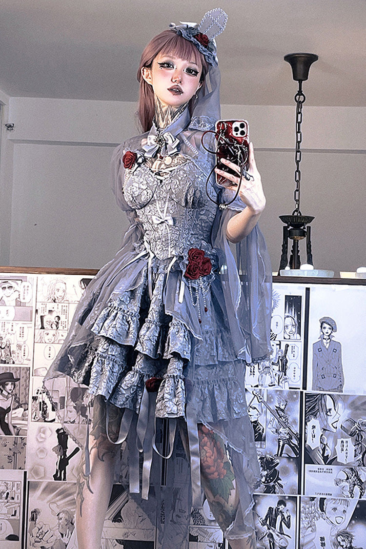 Crying Rose Double-Layer Ruffled Embroidered Bow Lace Gothic Ballet Lolita Skirt Set in 4 Shades