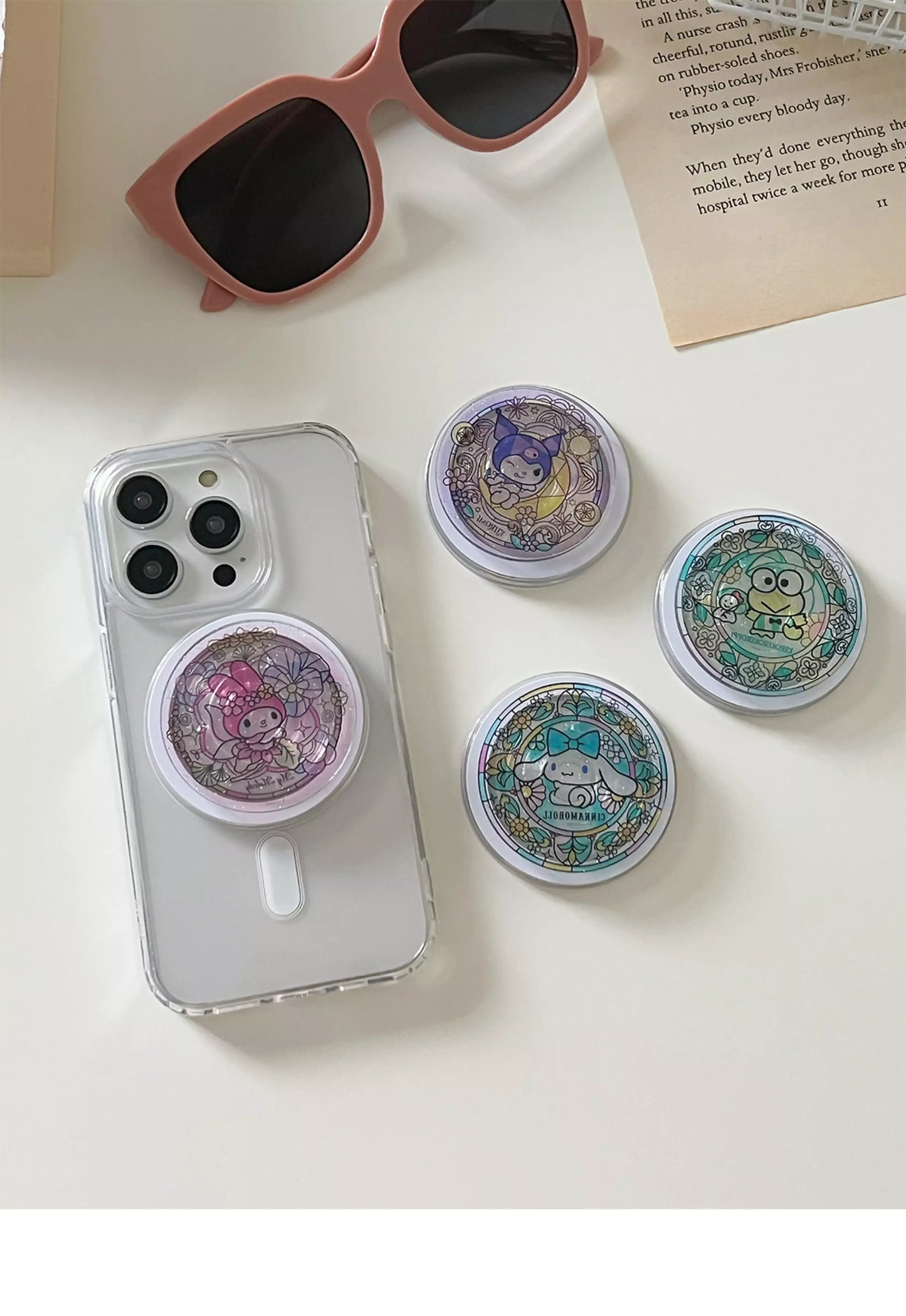 Cute Characters Stained Glass Pattern Glitter Magsafe Pop Socket