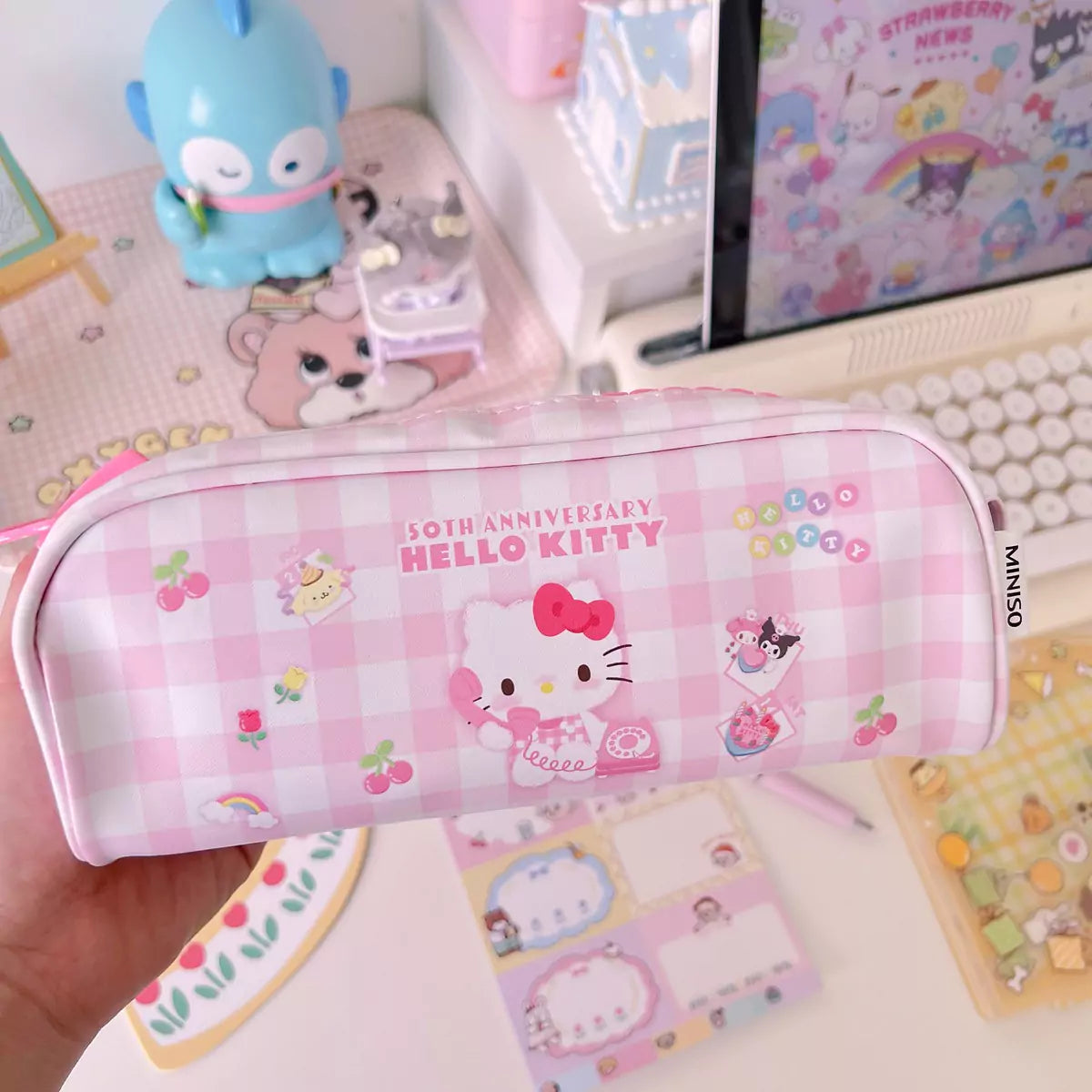 Kitty Plaid Pencil Case with Oversized Zipper