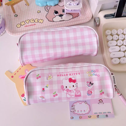 Kitty Plaid Pencil Case with Oversized Zipper