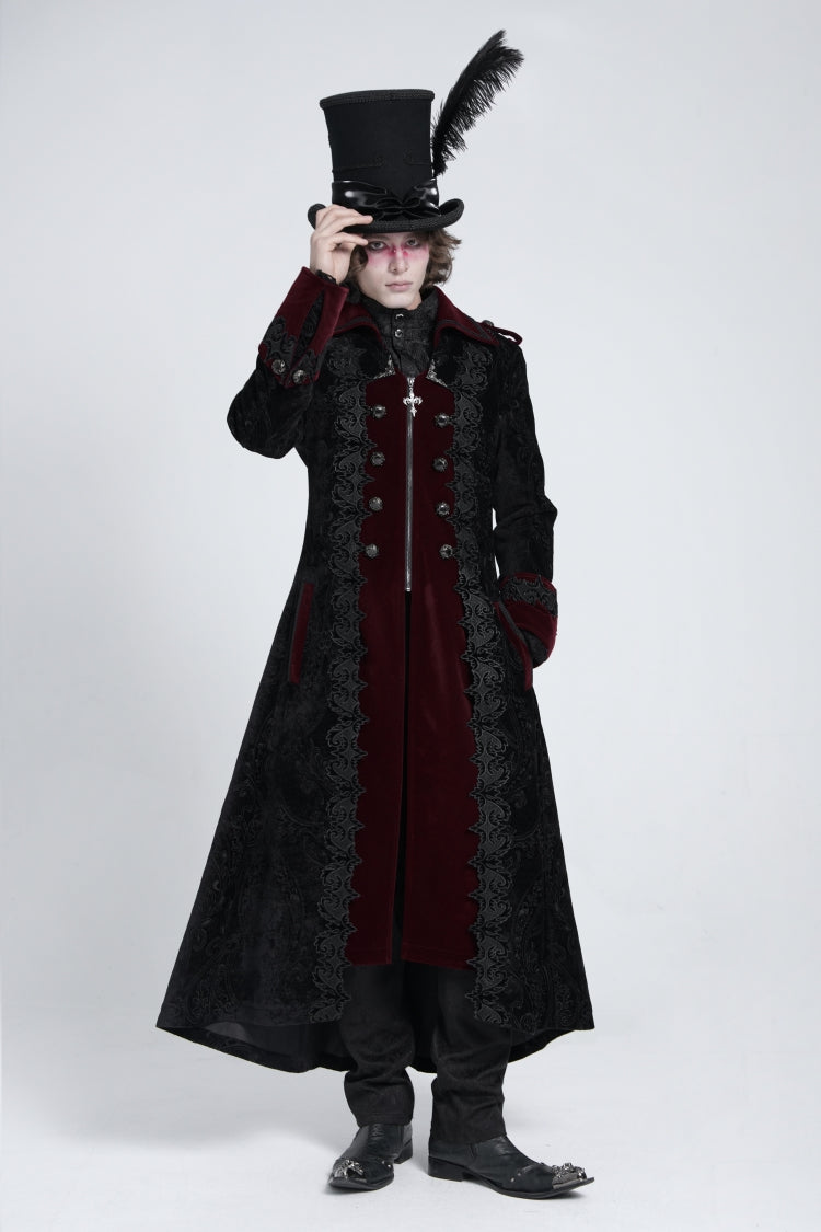 Crimson Noir Zipper Embroidery Lapel Collar Men's Gothic Coat