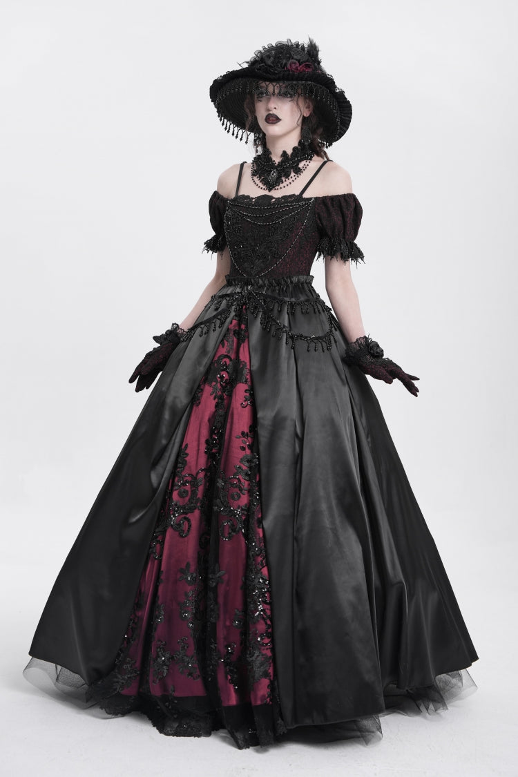 Crimson & Noir Off-Shoulder Embroidered Stitched Lace Gothic Dress