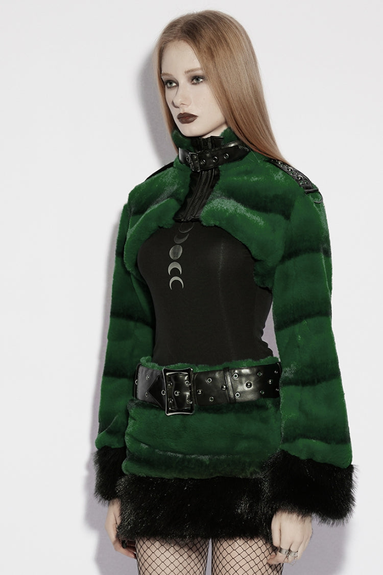 Emerald Stand Collar Long Sleeve Buckle Straps Faux Fur Punk Short Cloak for Women