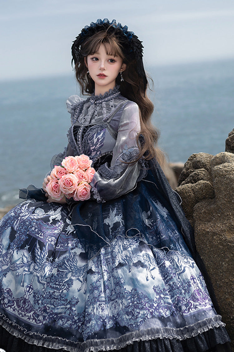 Asymmetric Classic Elegant Print Ruffled Bow JSK - Angel Garden