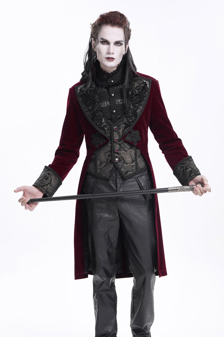 Burgundy Long Sleeve Button Floral Embroidery Gothic Men's Jacket