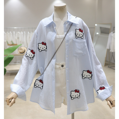 Chemise rayée à manches longues avec motif de chat de dessin animé KI551