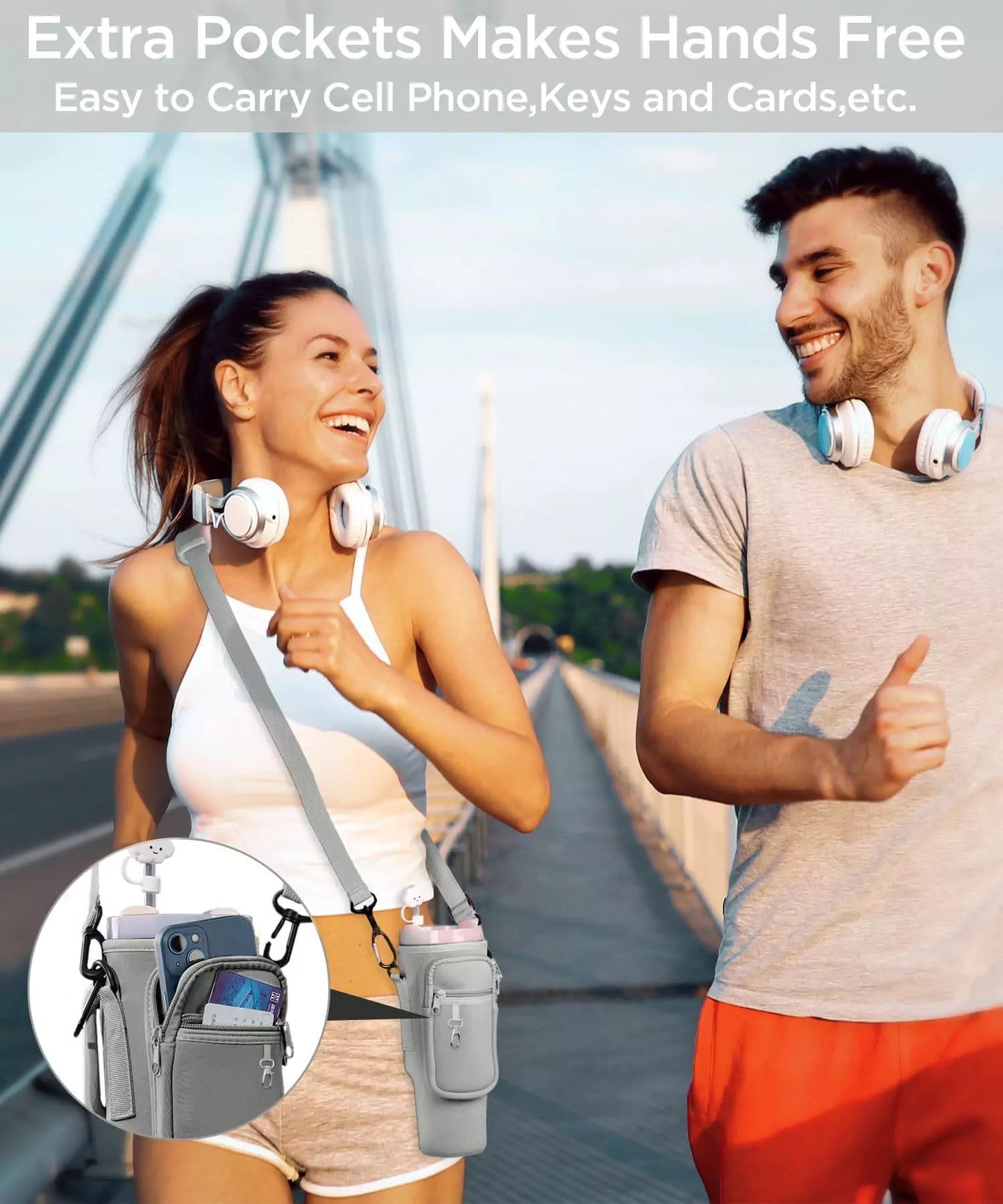 Strap Pouch with Phone Pocket Matching Bottle Carrier Adjustable Water