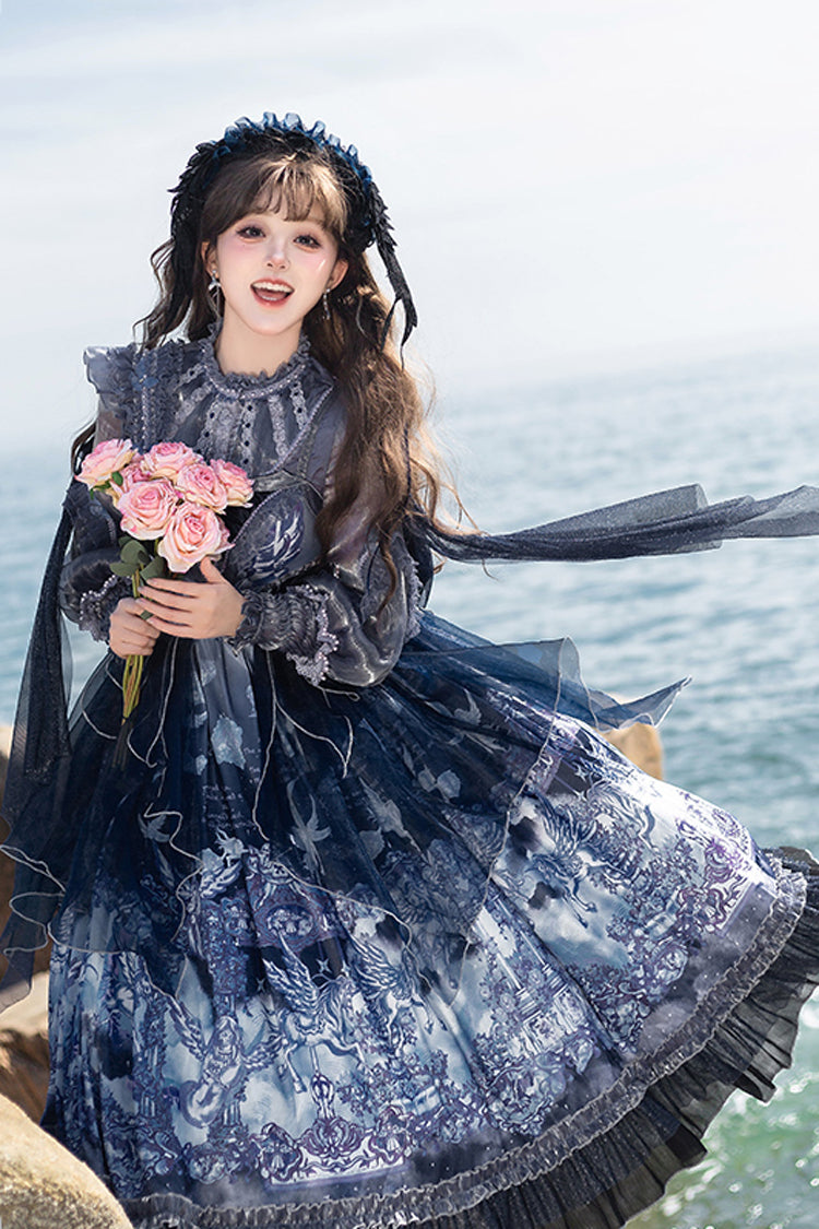 Asymmetric Classic Elegant Print Ruffled Bow JSK - Angel Garden