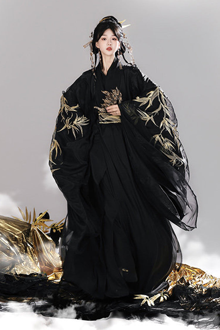V-Neck Trumpet Sleeve High-Waisted Hanfu Dress Set - Bamboo Leaves