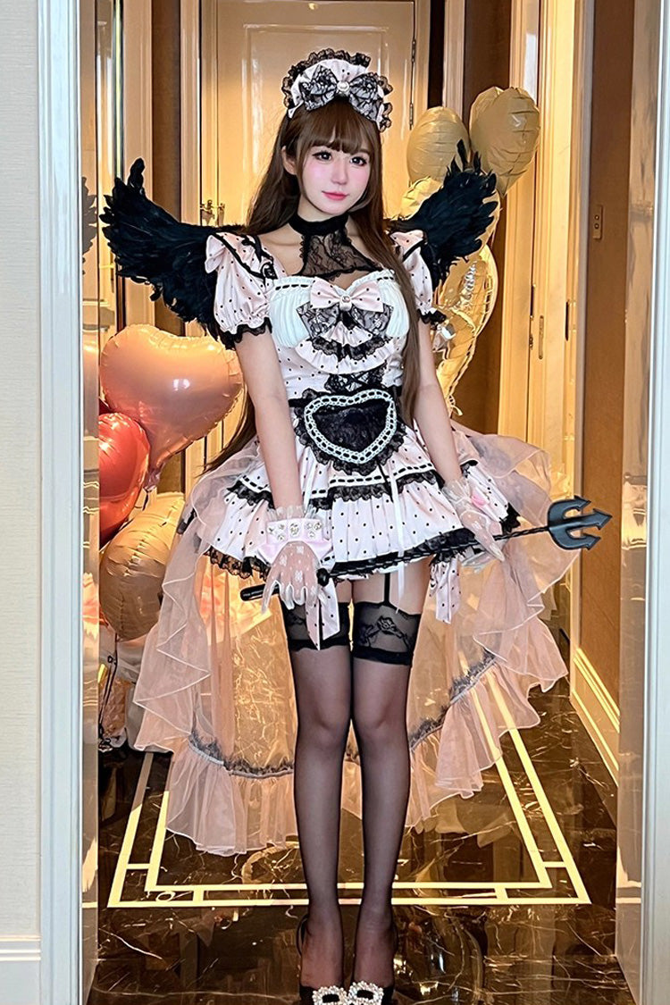Apprentice Cupid Halterneck Short Sleeves Print Ruffle Bowknot Lace, Maid Sweet Lolita