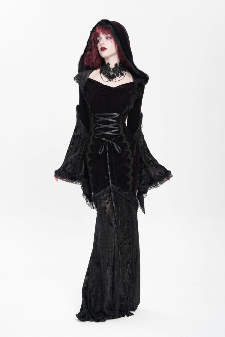 Crimson & Noir Long Flared Sleeve Embroidered Stitched Hooded Mesh Gothic Dress