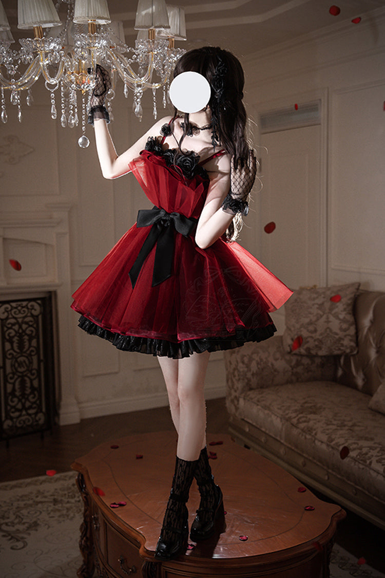 Burgundy Eternal Night Bouquet Sleeveless Ruffle Bow Sweet Princess Lolita Gown