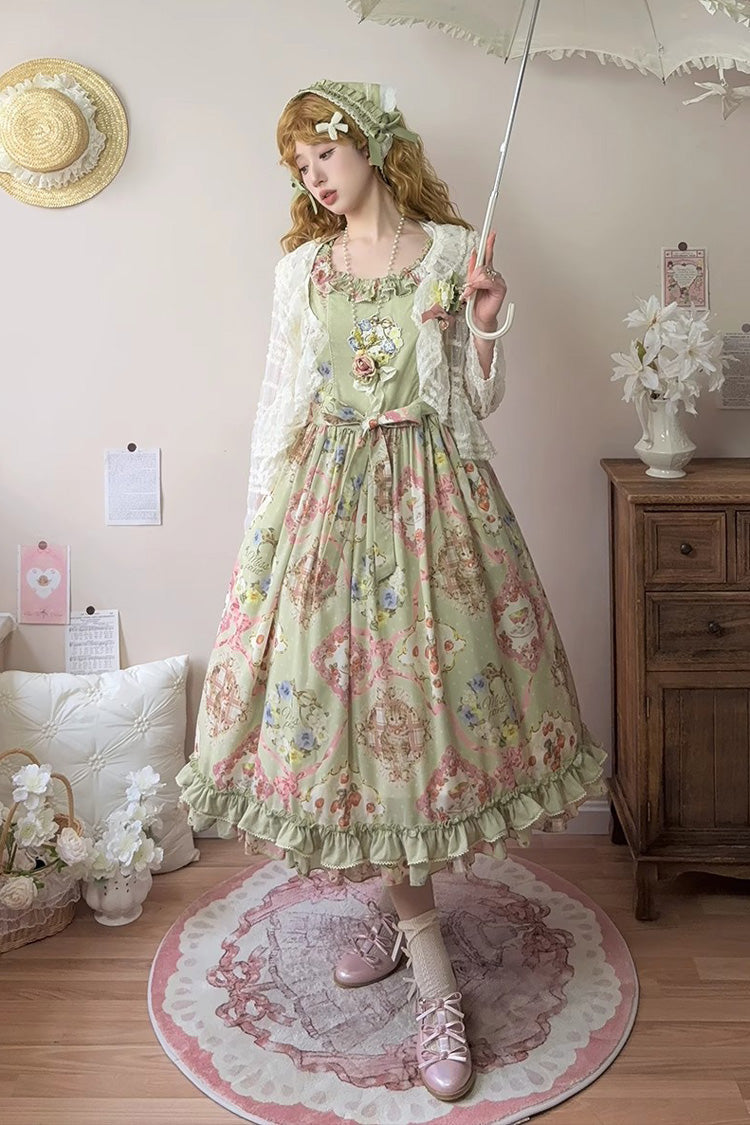 Emerald Cat Rose Tea Sleeveless Floral Ruffle Bow Sweet Lolita Jumper